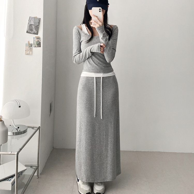 【SET】レイヤードオフショルトップス＋バンドロングスカート GREY