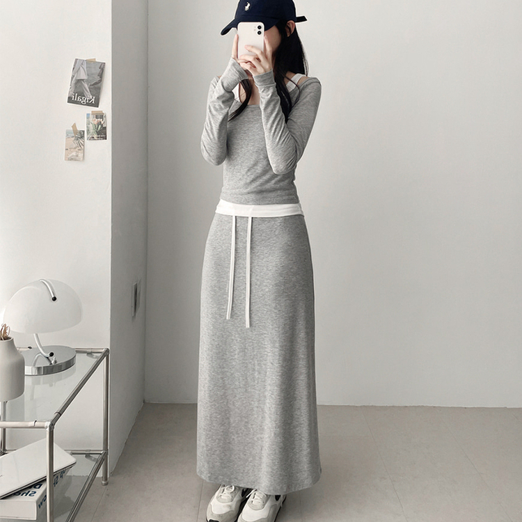 【SET】レイヤードオフショルトップス＋バンドロングスカート GREY