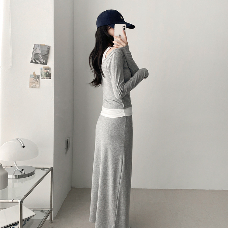 【SET】レイヤードオフショルトップス＋バンドロングスカート GREY