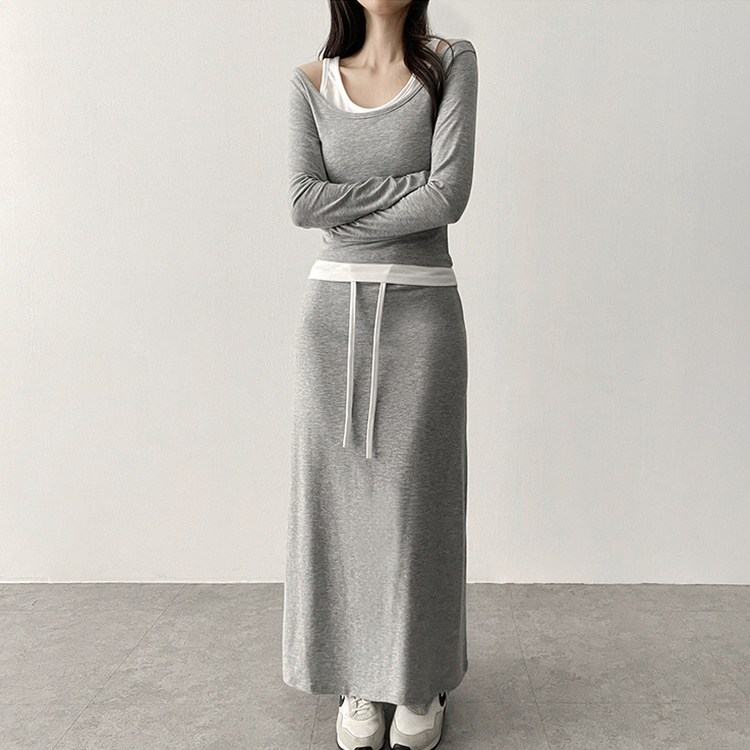 【SET】レイヤードオフショルトップス＋バンドロングスカート GREY
