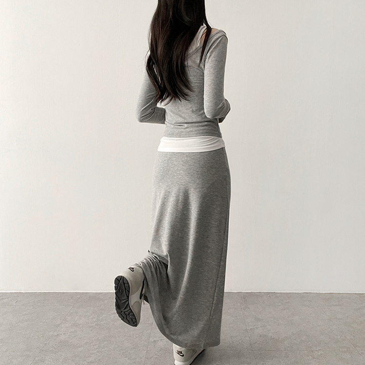 【SET】レイヤードオフショルトップス＋バンドロングスカート GREY