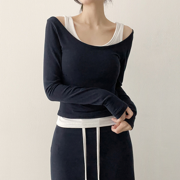 【SET】レイヤードオフショルトップス＋バンドロングスカート NAVY
