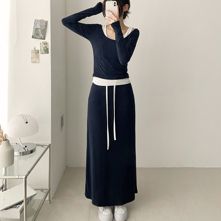 【SET】レイヤードオフショルトップス＋バンドロングスカート NAVY