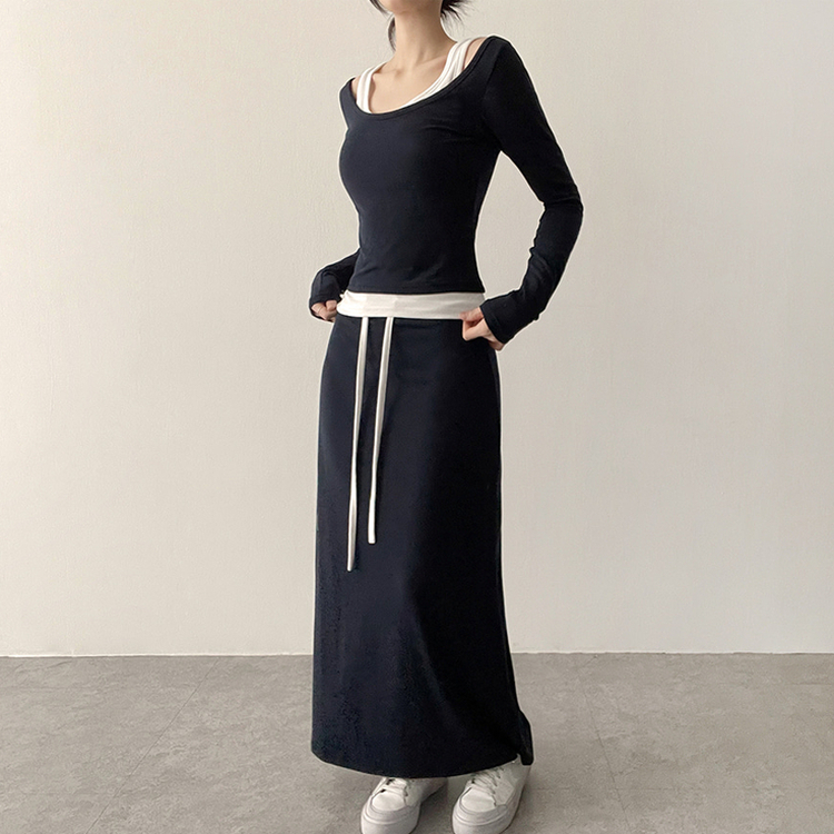 【SET】レイヤードオフショルトップス＋バンドロングスカート NAVY