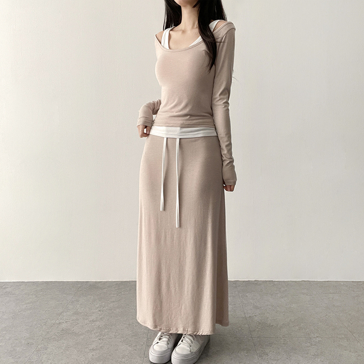 【SET】レイヤードオフショルトップス＋バンドロングスカート BEIGE
