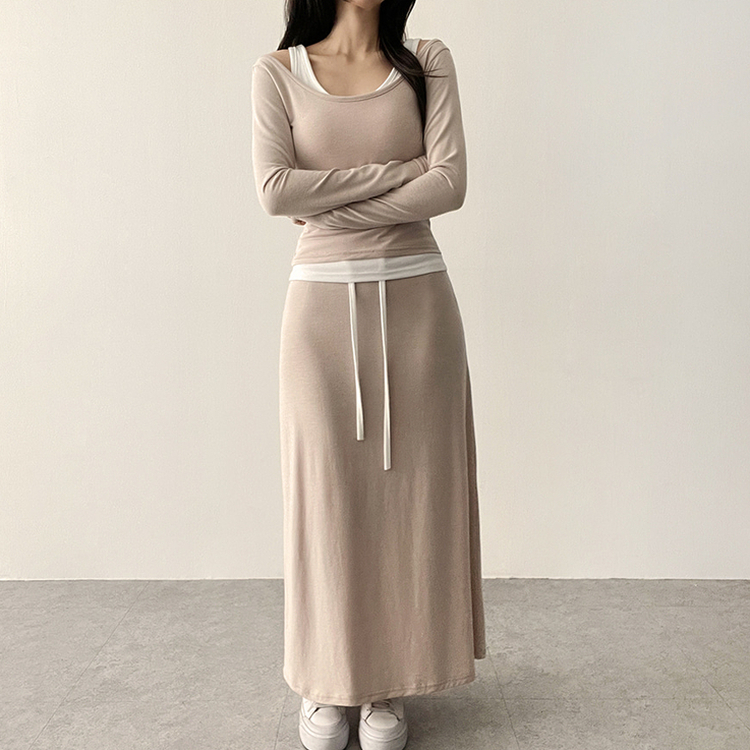 【SET】レイヤードオフショルトップス＋バンドロングスカート BEIGE