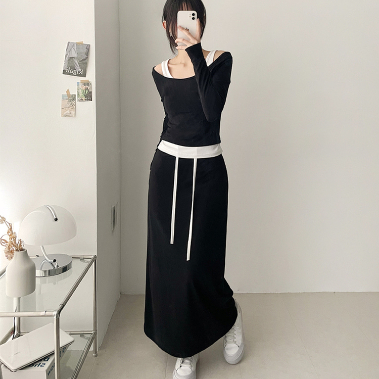 【SET】レイヤードオフショルトップス＋バンドロングスカート BLACK