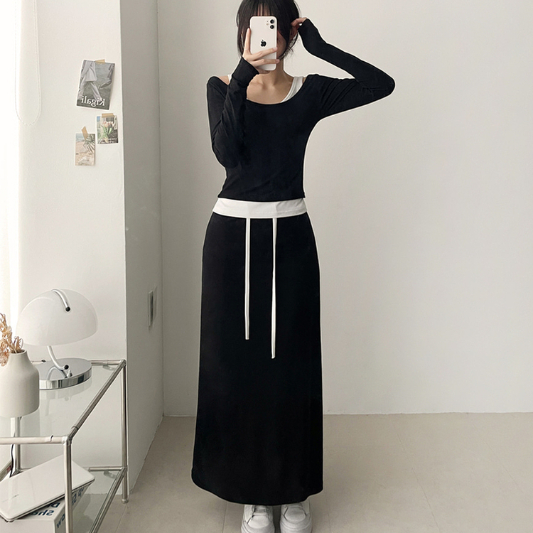 【SET】レイヤードオフショルトップス＋バンドロングスカート BLACK