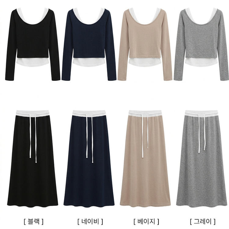 【SET】レイヤードオフショルトップス＋バンドロングスカート