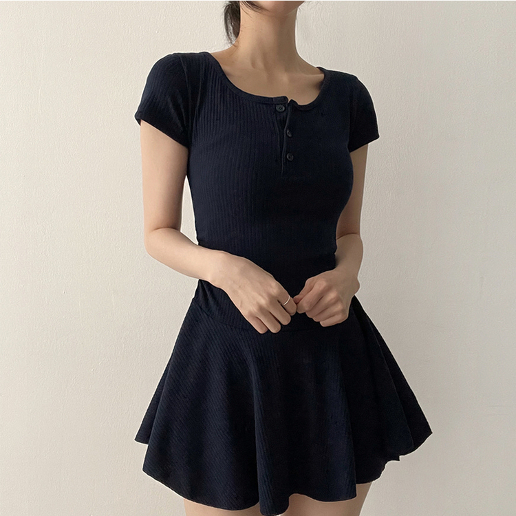 フレアスリムミニヘンリーネックワンピース NAVY