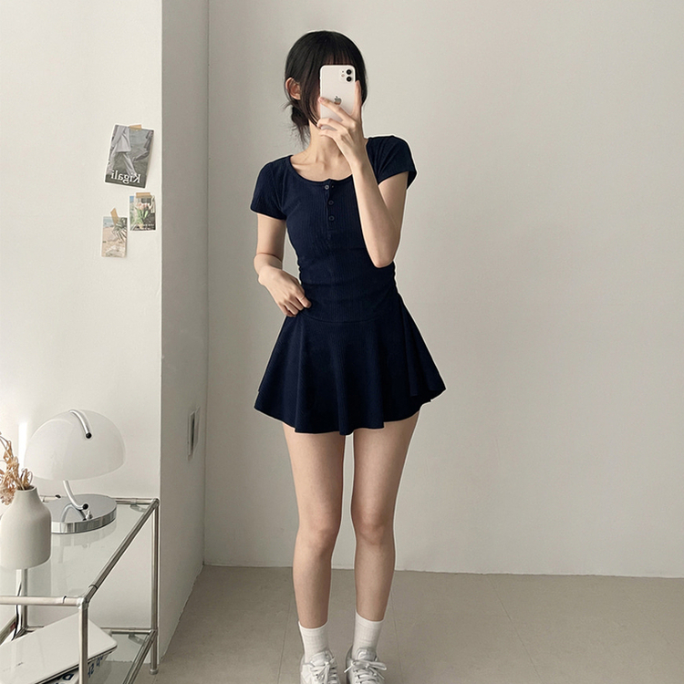 フレアスリムミニヘンリーネックワンピース NAVY