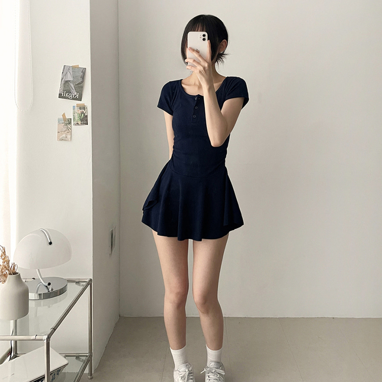 フレアスリムミニヘンリーネックワンピース NAVY