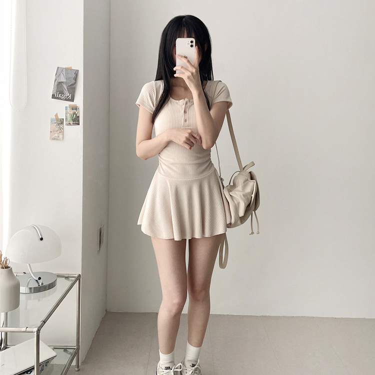 フレアスリムミニヘンリーネックワンピース BEIGE