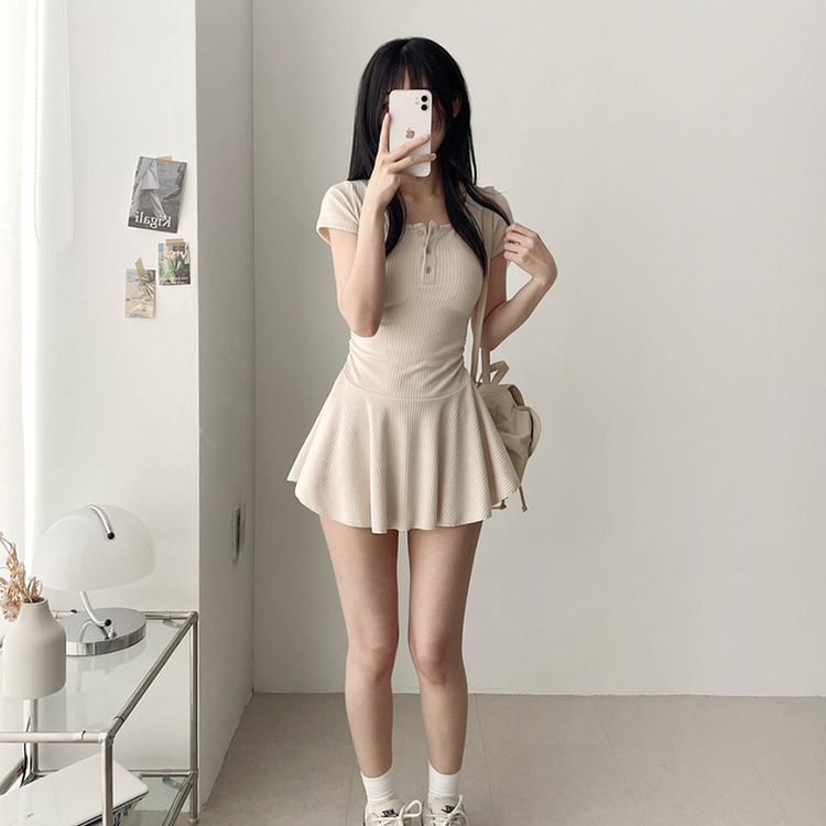 フレアスリムミニヘンリーネックワンピース BEIGE