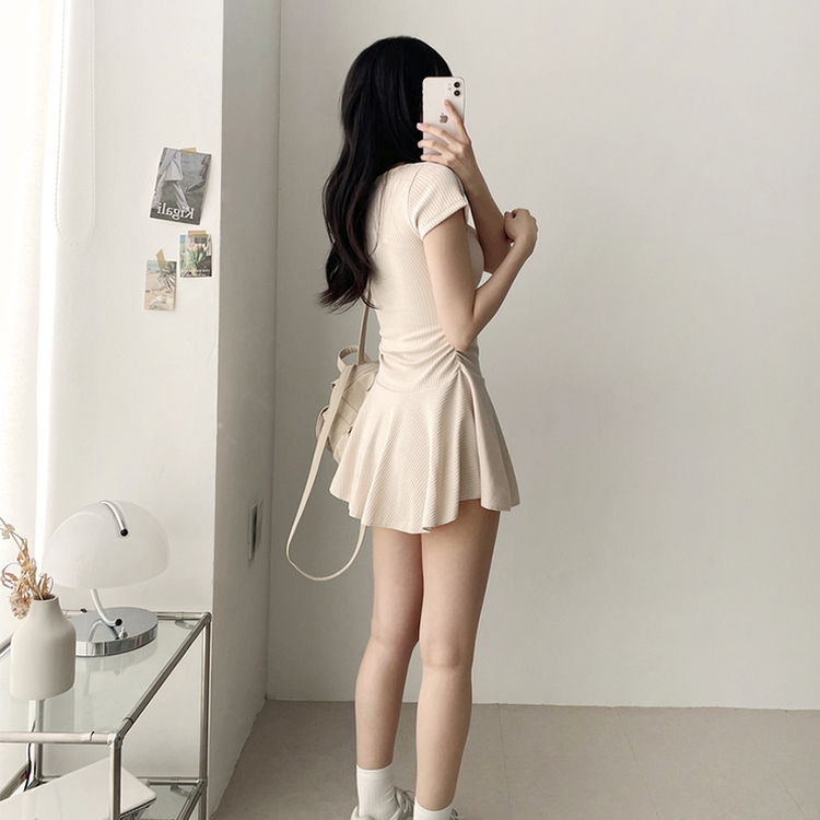 フレアスリムミニヘンリーネックワンピース BEIGE