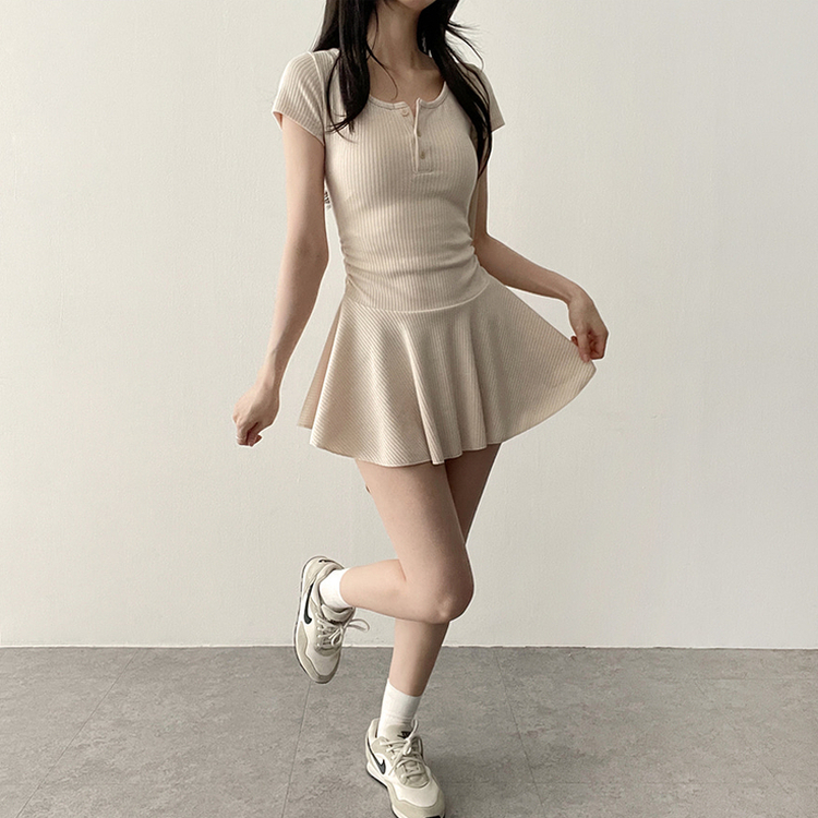 フレアスリムミニヘンリーネックワンピース BEIGE