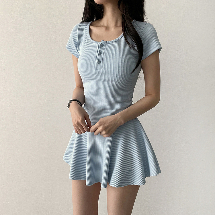 フレアスリムミニヘンリーネックワンピース SKY BLUE