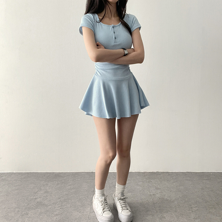 フレアスリムミニヘンリーネックワンピース SKY BLUE