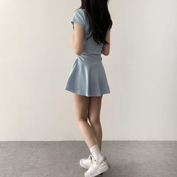 フレアスリムミニヘンリーネックワンピース SKY BLUE