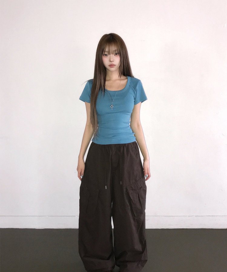 Uネックスリム半袖Tシャツ(6color) AQUA BLUE