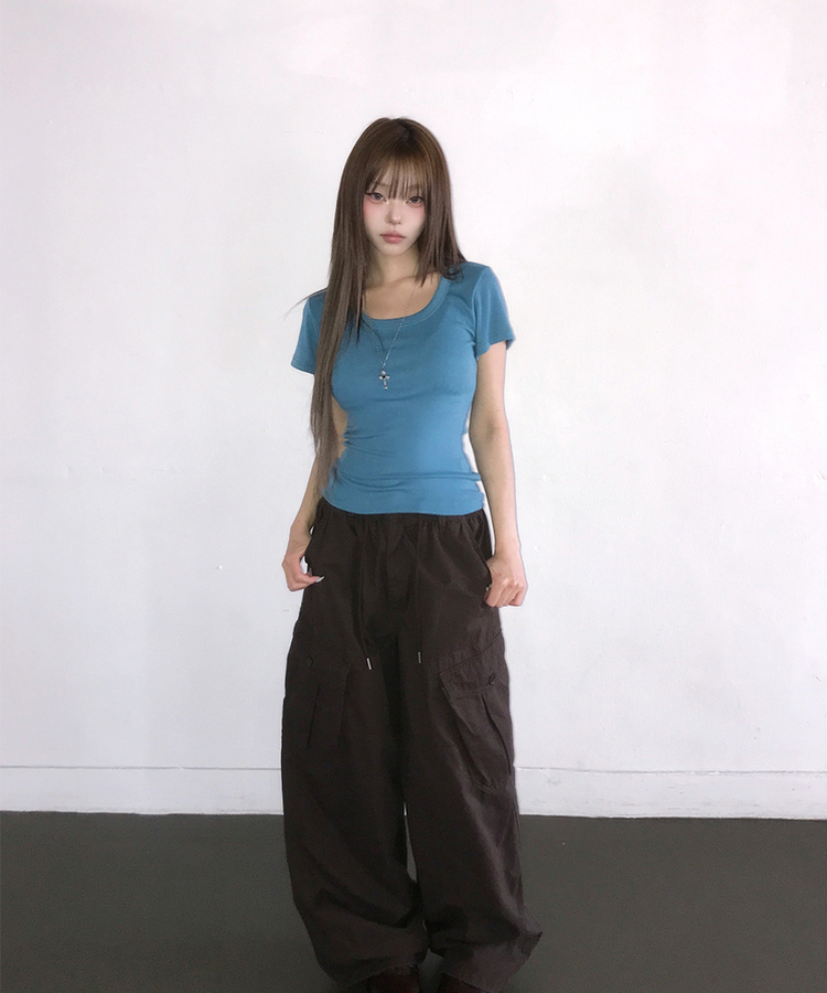 Uネックスリム半袖Tシャツ(6color) AQUA BLUE