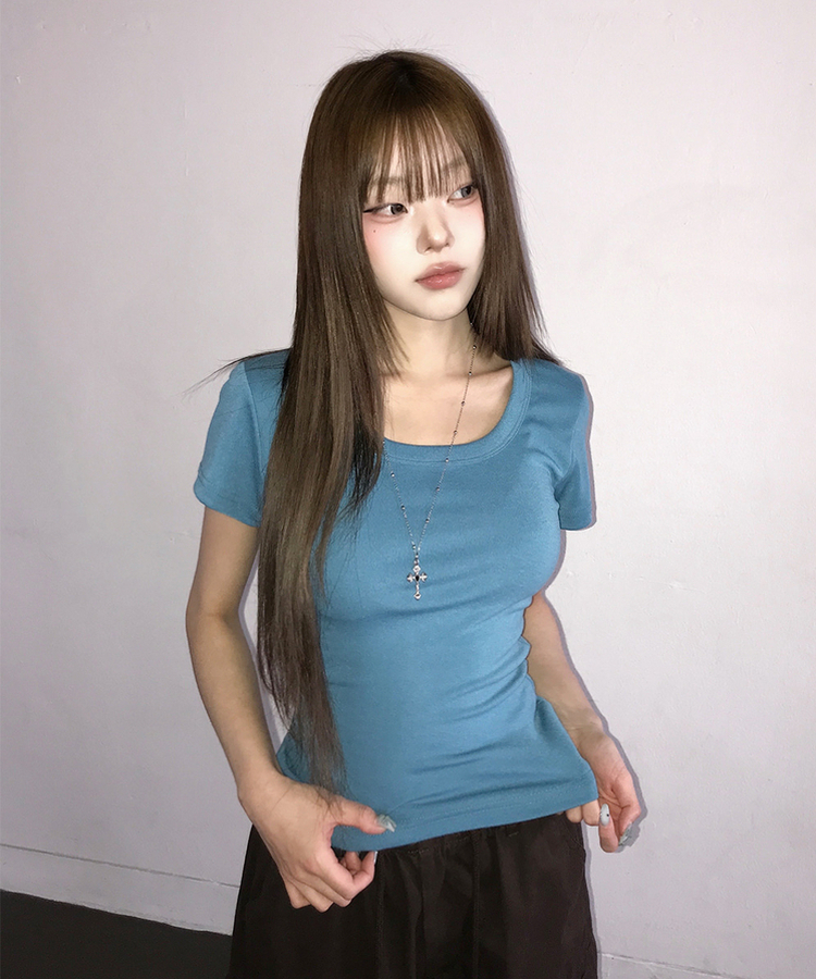 Uネックスリム半袖Tシャツ(6color) AQUA BLUE