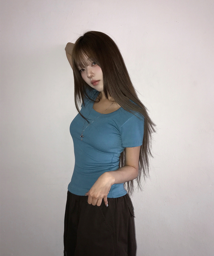 Uネックスリム半袖Tシャツ(6color) AQUA BLUE