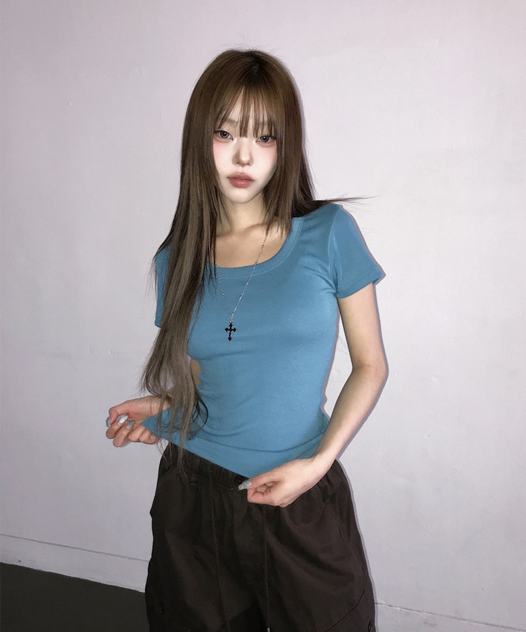 Uネックスリム半袖Tシャツ(6color) AQUA BLUE