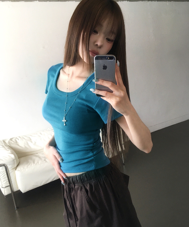 Uネックスリム半袖Tシャツ(6color) AQUA BLUE