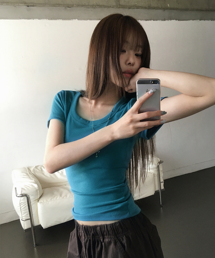 Uネックスリム半袖Tシャツ(6color) AQUA BLUE