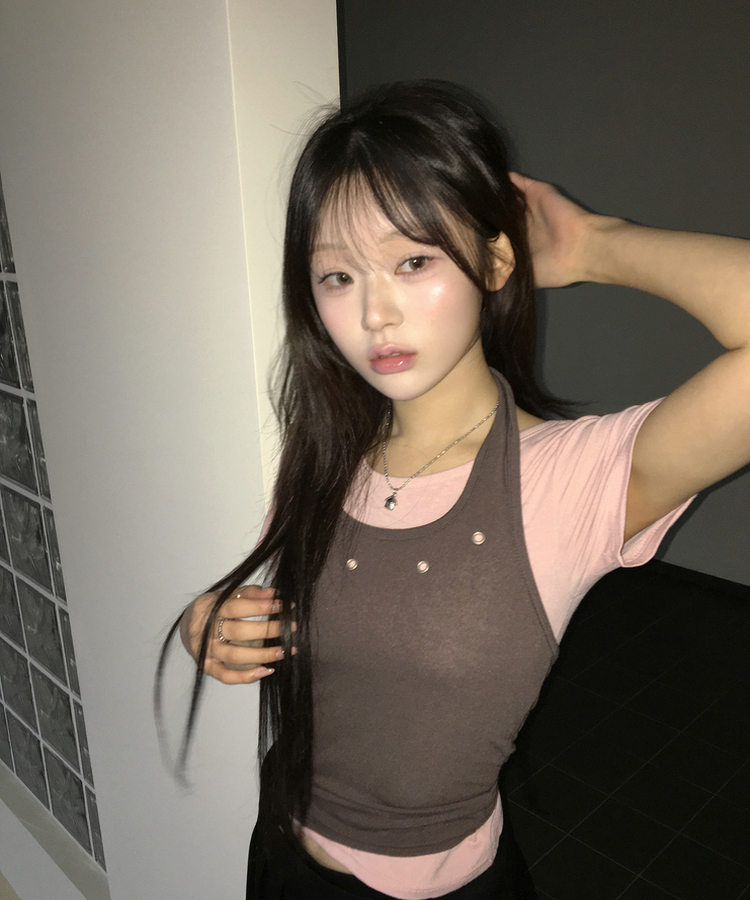 【SET】アイレットレイヤードホルターキャミソール＋半袖トップス PINK