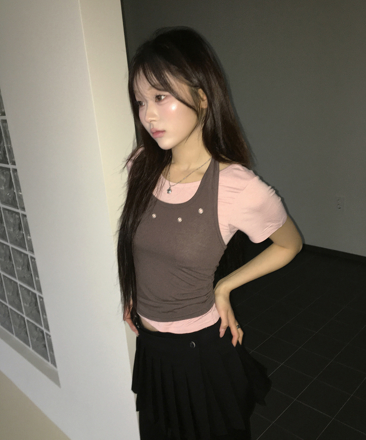 【SET】アイレットレイヤードホルターキャミソール＋半袖トップス PINK