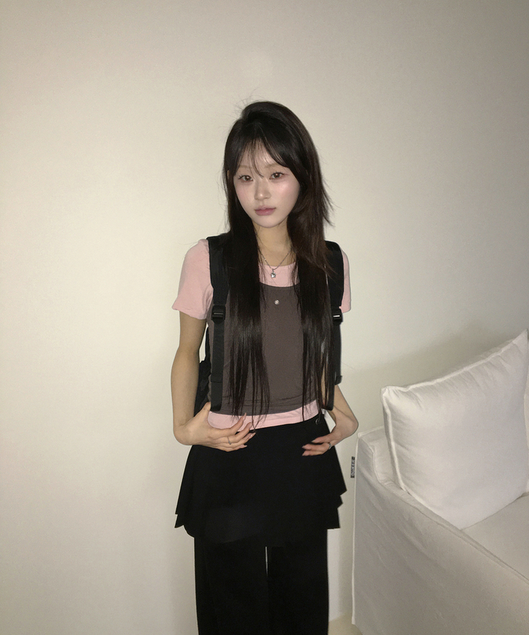 【SET】アイレットレイヤードホルターキャミソール＋半袖トップス PINK