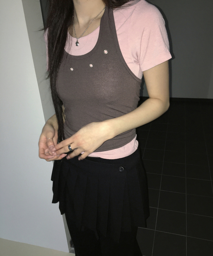 【SET】アイレットレイヤードホルターキャミソール＋半袖トップス PINK