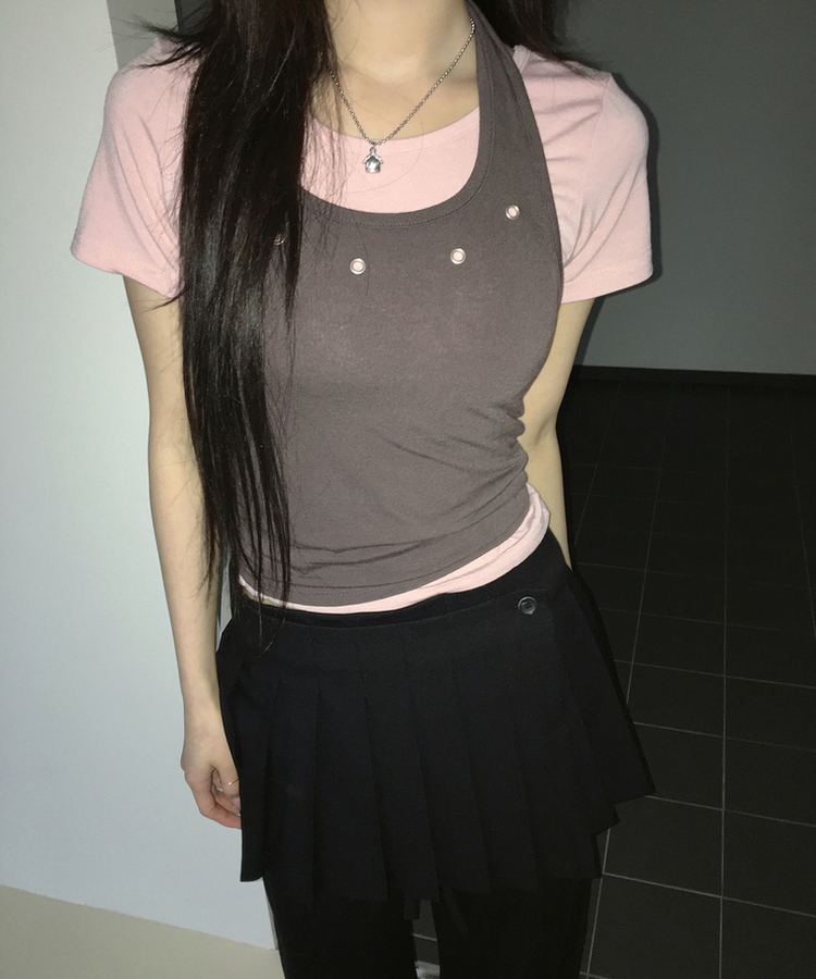 【SET】アイレットレイヤードホルターキャミソール＋半袖トップス PINK