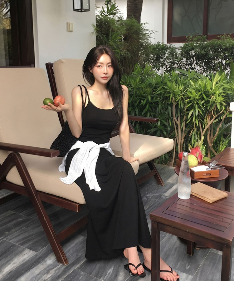 【カップ付き】キャミソールロングスリムワンピース BLACK