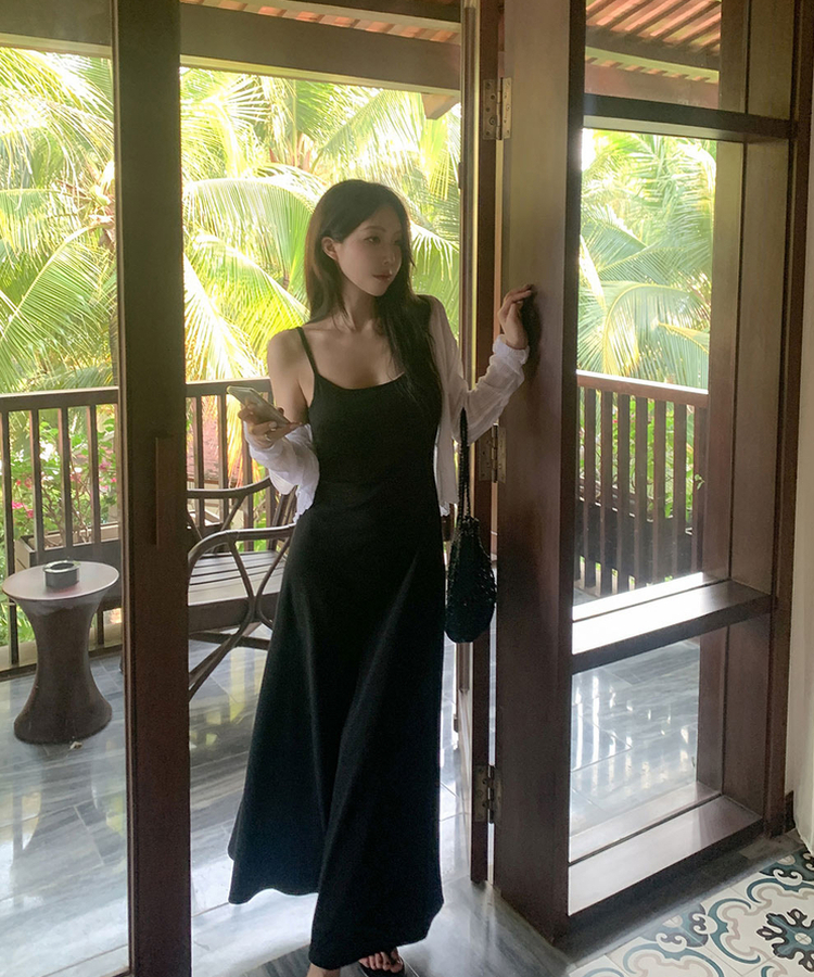 【カップ付き】キャミソールロングスリムワンピース BLACK