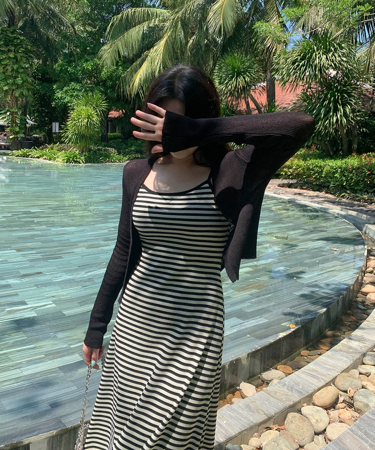 【カップ付き】キャミソールロングスリムワンピース STRIPE