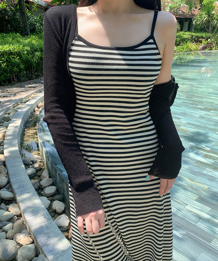 【カップ付き】キャミソールロングスリムワンピース STRIPE