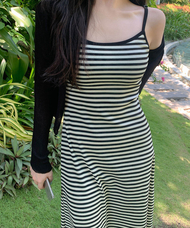 【カップ付き】キャミソールロングスリムワンピース STRIPE