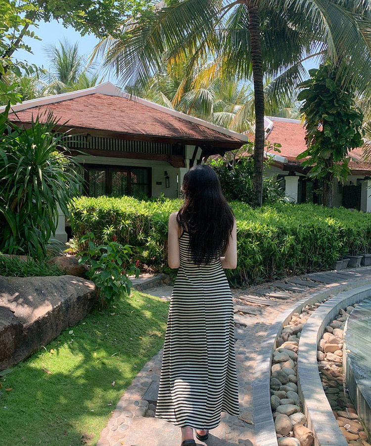 【カップ付き】キャミソールロングスリムワンピース STRIPE