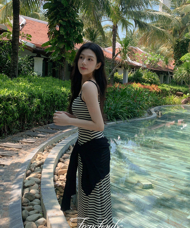 【カップ付き】キャミソールロングスリムワンピース STRIPE