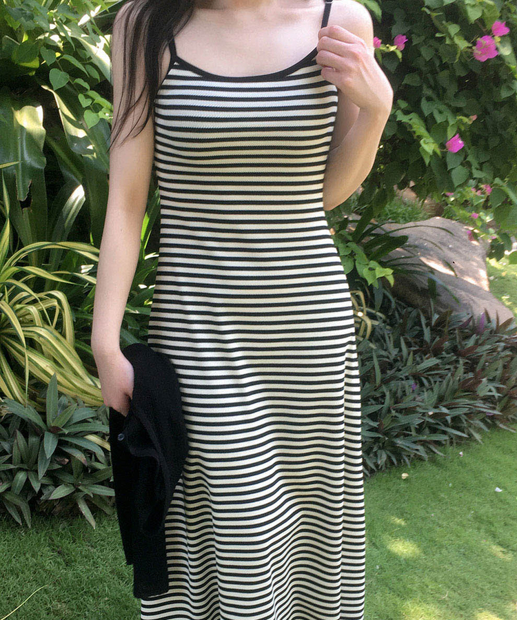 【カップ付き】キャミソールロングスリムワンピース STRIPE