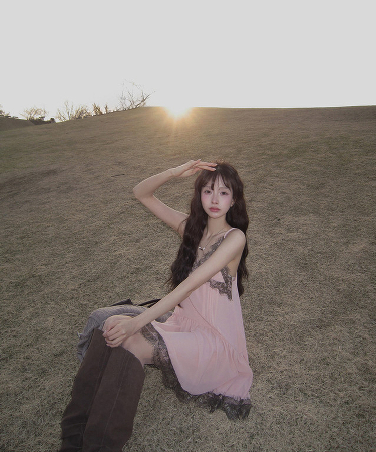 レーススリップフレアワンピース PINK