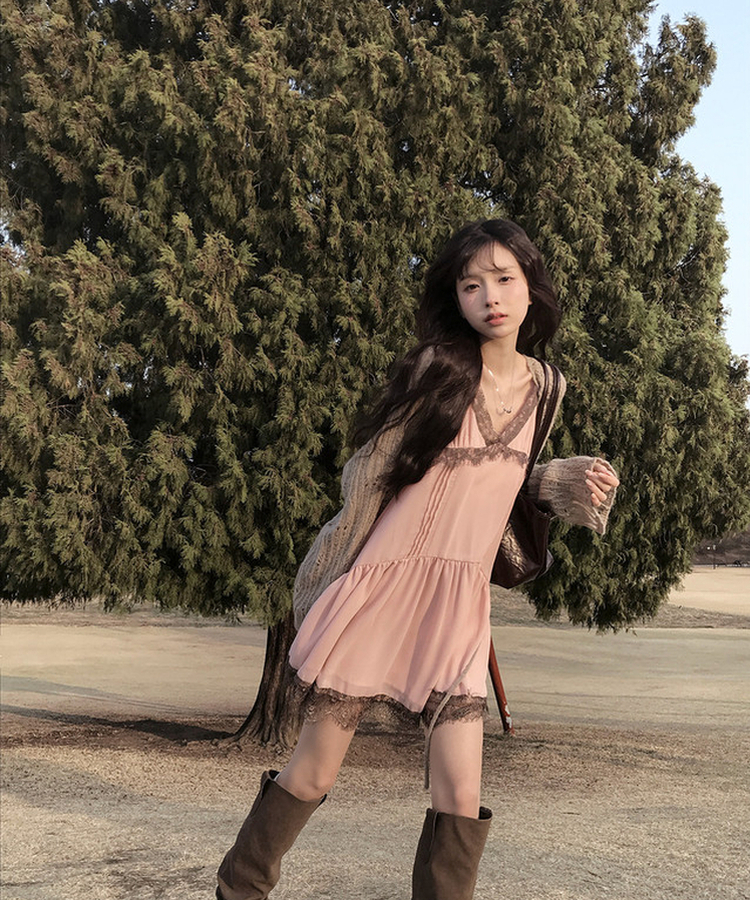 レーススリップフレアワンピース PINK