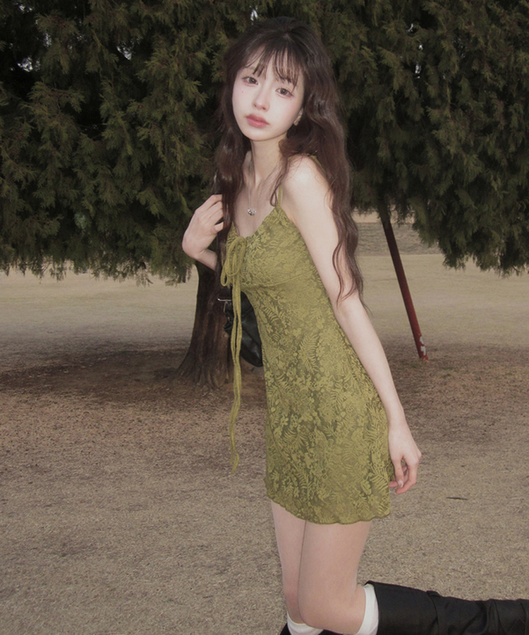 【カップ付き】フラワーキャミソールワンピース OLIVE