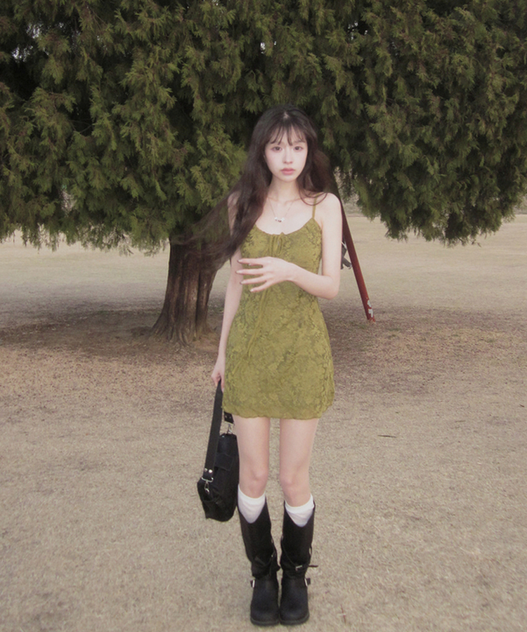 【カップ付き】フラワーキャミソールワンピース OLIVE