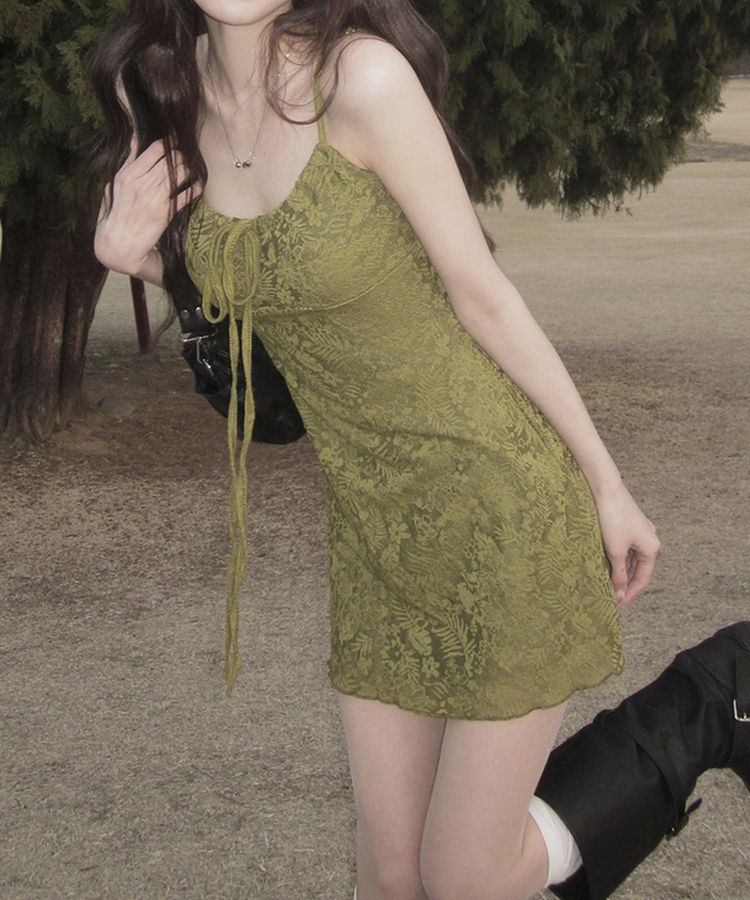 【カップ付き】フラワーキャミソールワンピース OLIVE