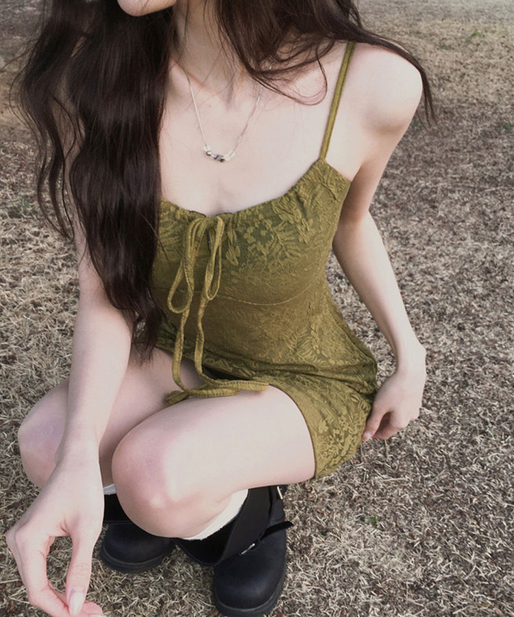 【カップ付き】フラワーキャミソールワンピース OLIVE