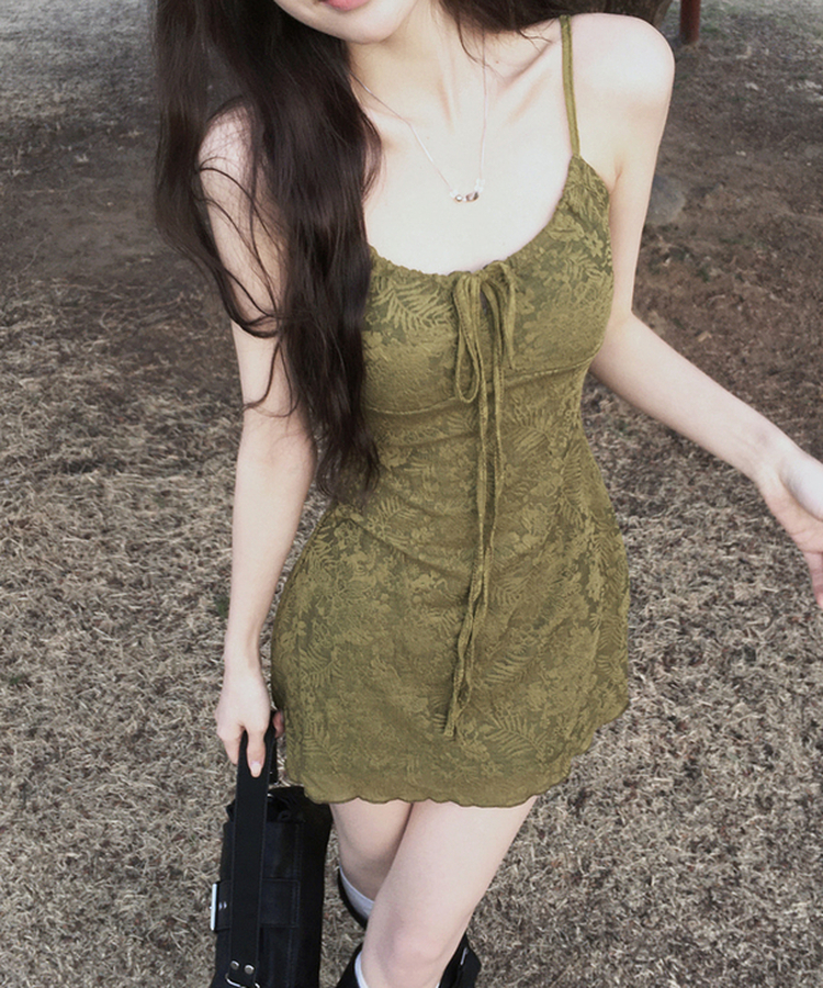 【カップ付き】フラワーキャミソールワンピース OLIVE